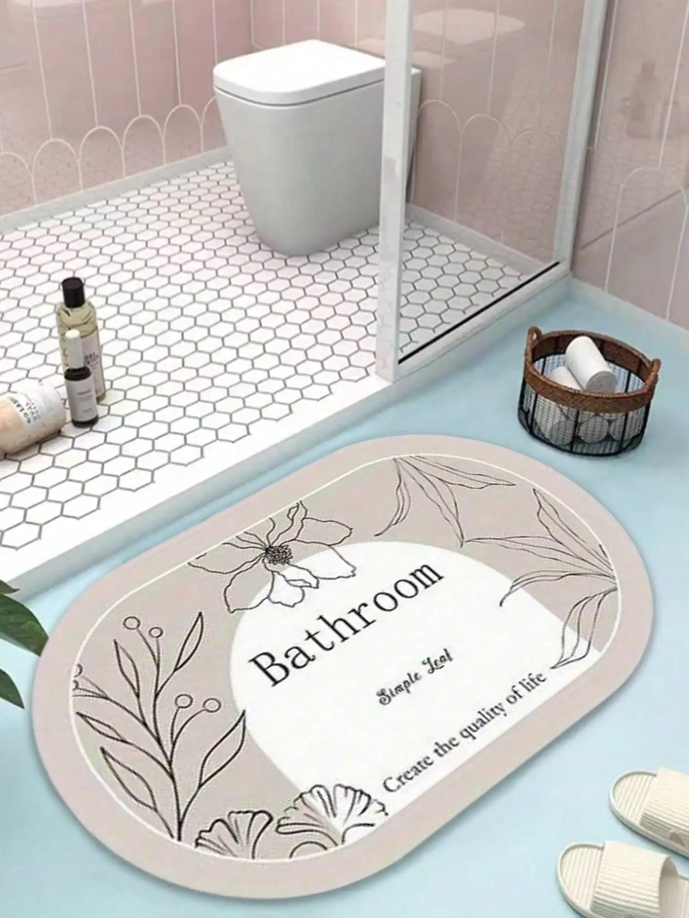 1Pc Oval Minimalist Floral & Letter Bathroom Mat, Super Absorbent Quick-Drying Non-Slip Floor Mat for Home Bathroom - Image 2