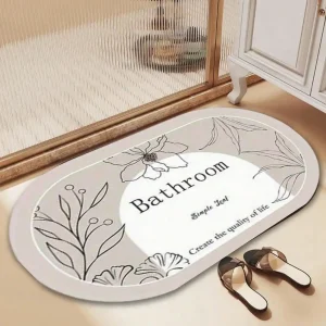 1Pc Oval Minimalist Floral & Letter Bathroom Mat, Super Absorbent Quick-Drying Non-Slip Floor Mat for Home Bathroom