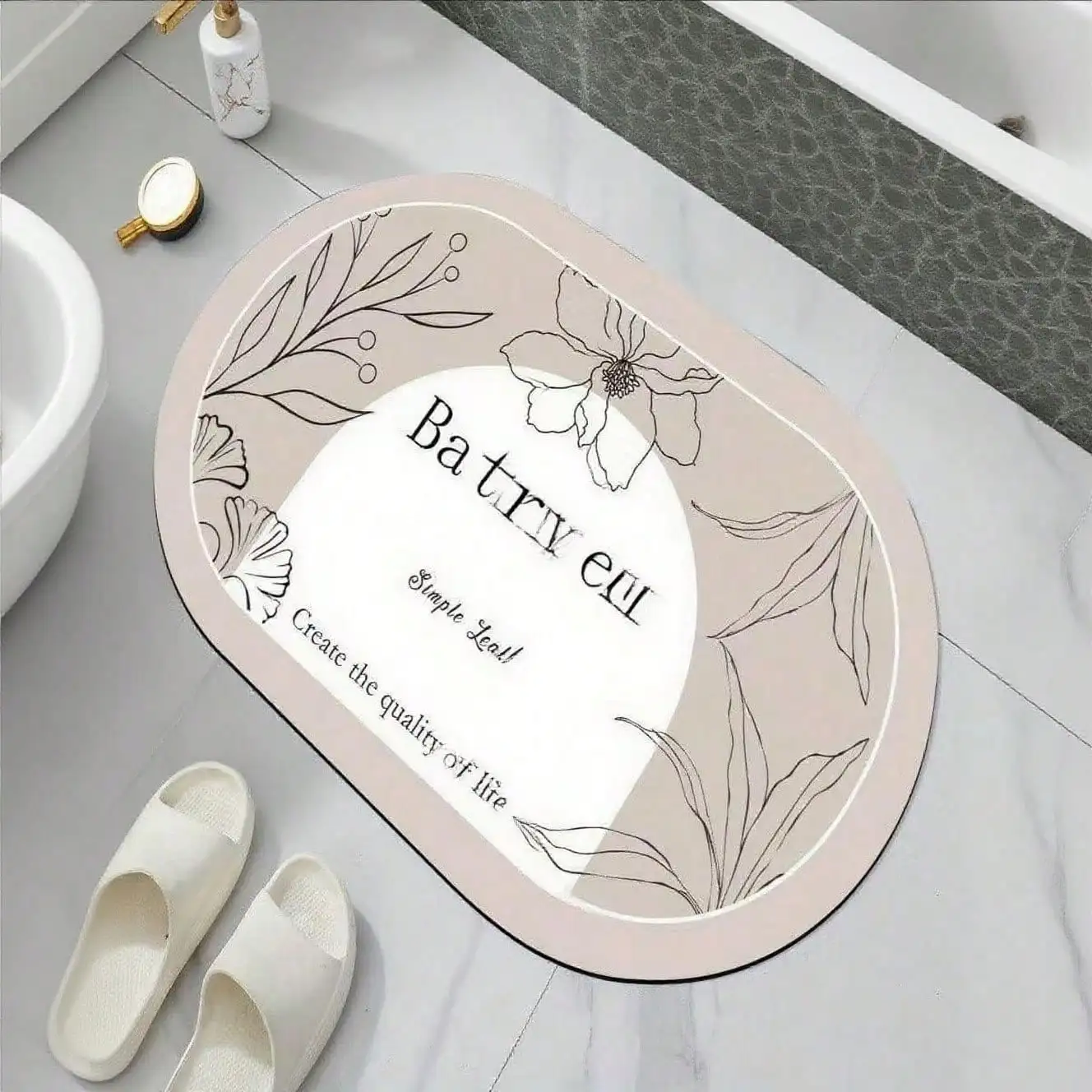 1Pc Oval Minimalist Floral & Letter Bathroom Mat, Super Absorbent Quick-Drying Non-Slip Floor Mat for Home Bathroom - Image 5