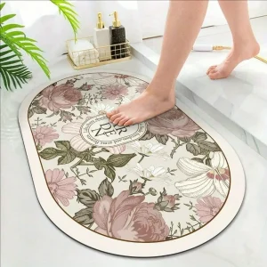 Classic Flower Pattern Bathroom Mat,Quick-Drying Super Absorbent Thin Washable Shower Mat,Suitable For Bathtubs,Showers,Bathroom