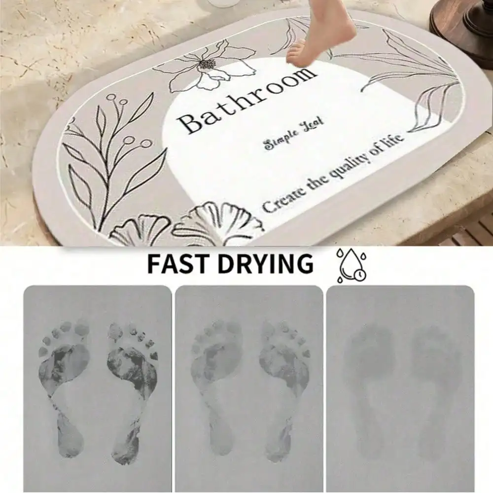 1Pc Oval Minimalist Floral & Letter Bathroom Mat, Super Absorbent Quick-Drying Non-Slip Floor Mat for Home Bathroom - Image 4
